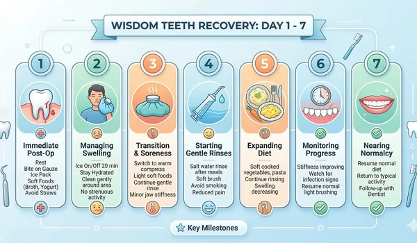 Wisdom teeth removal recovery timeline showing swelling and speech milestones