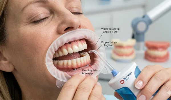 Step-by-step All-on-4 dental implant cleaning routine diagram