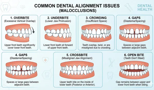 Illustration showing different types of bite problems: overbite, underbite, crossbite, and open bite