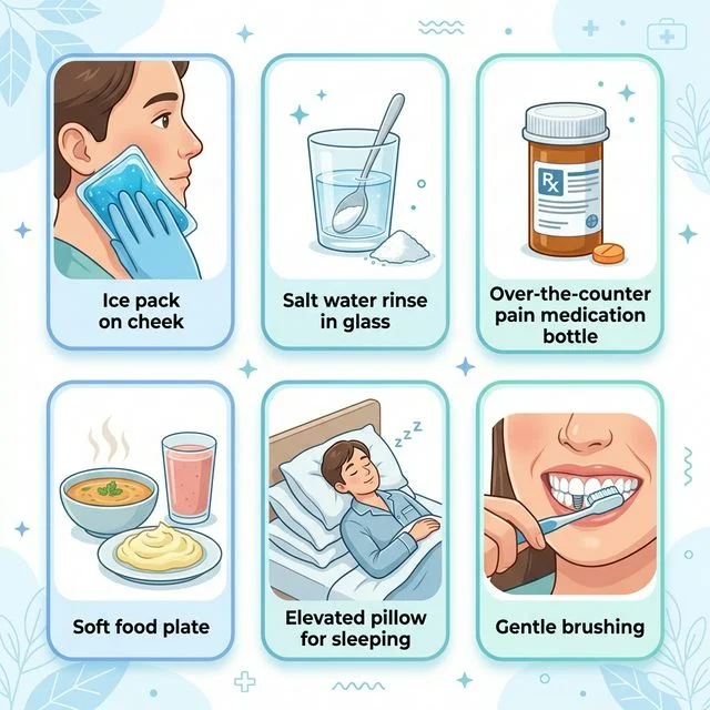 Infographic showing methods to relieve dental implant pain: ice pack, salt water, medications, soft foods, elevated sleeping, gentle brushing